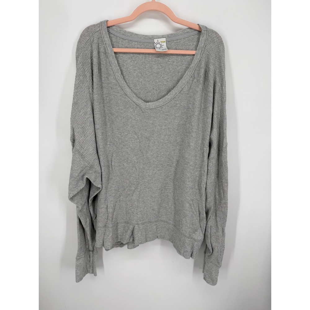 OFFLINE by Aerie Waffle Knit Top Women XXL Gray Thumbhole Oversized V-Neck